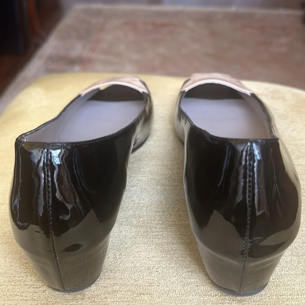 Aquatalia Black Patent Leather Wedge Peep Toe Shoes size 10 NWOB